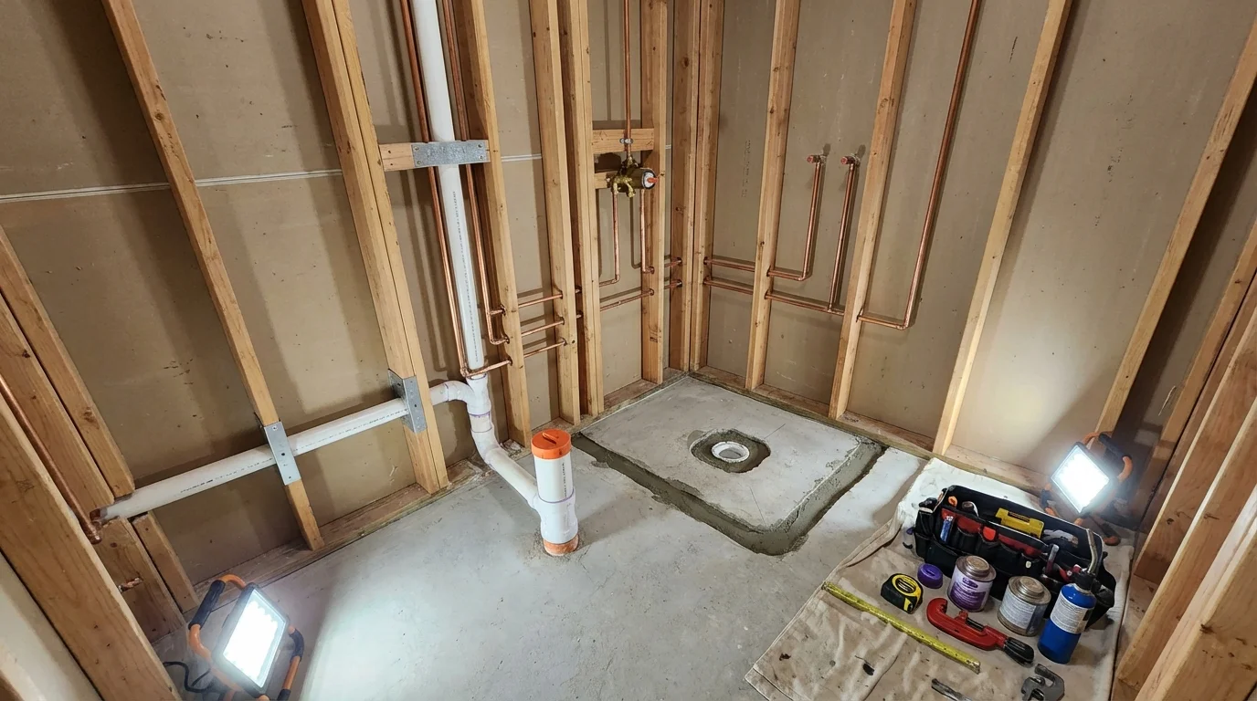 Bathroom rough-in plumbing during remodel by Johns Plumbing LLC in Wolfe City