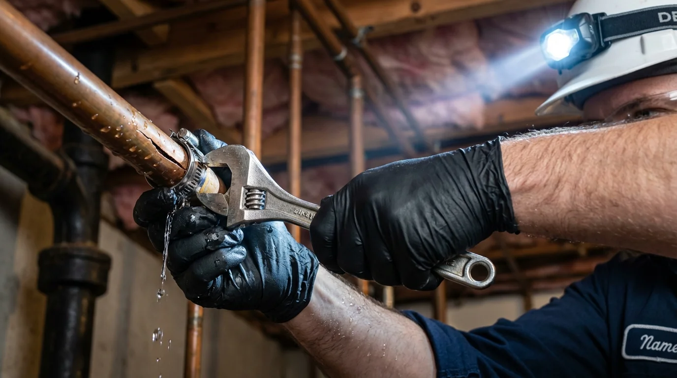 Emergency pipe clamp repair being performed by a Johns Plumbing LLC plumber in Wolfe City