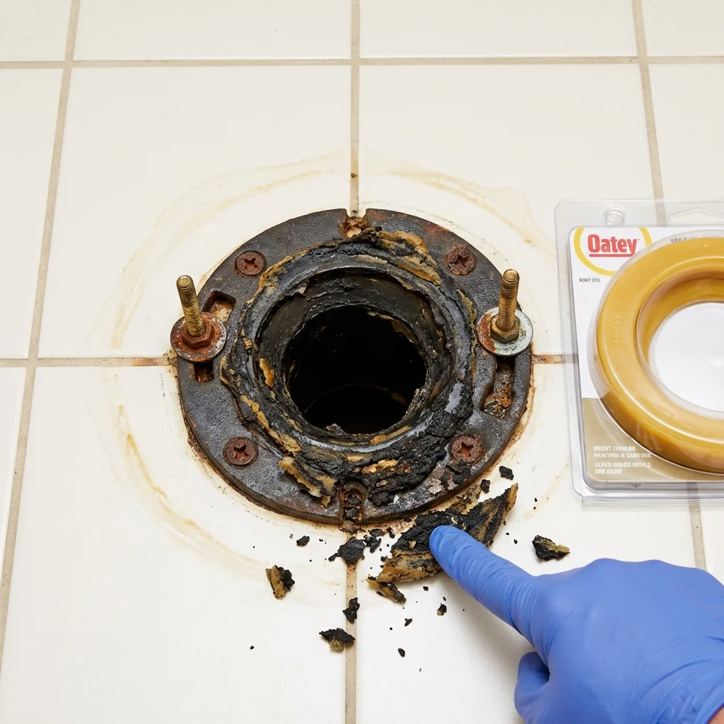 Failed wax ring showing water seepage at the base of a toilet in a Wolfe City, TX home