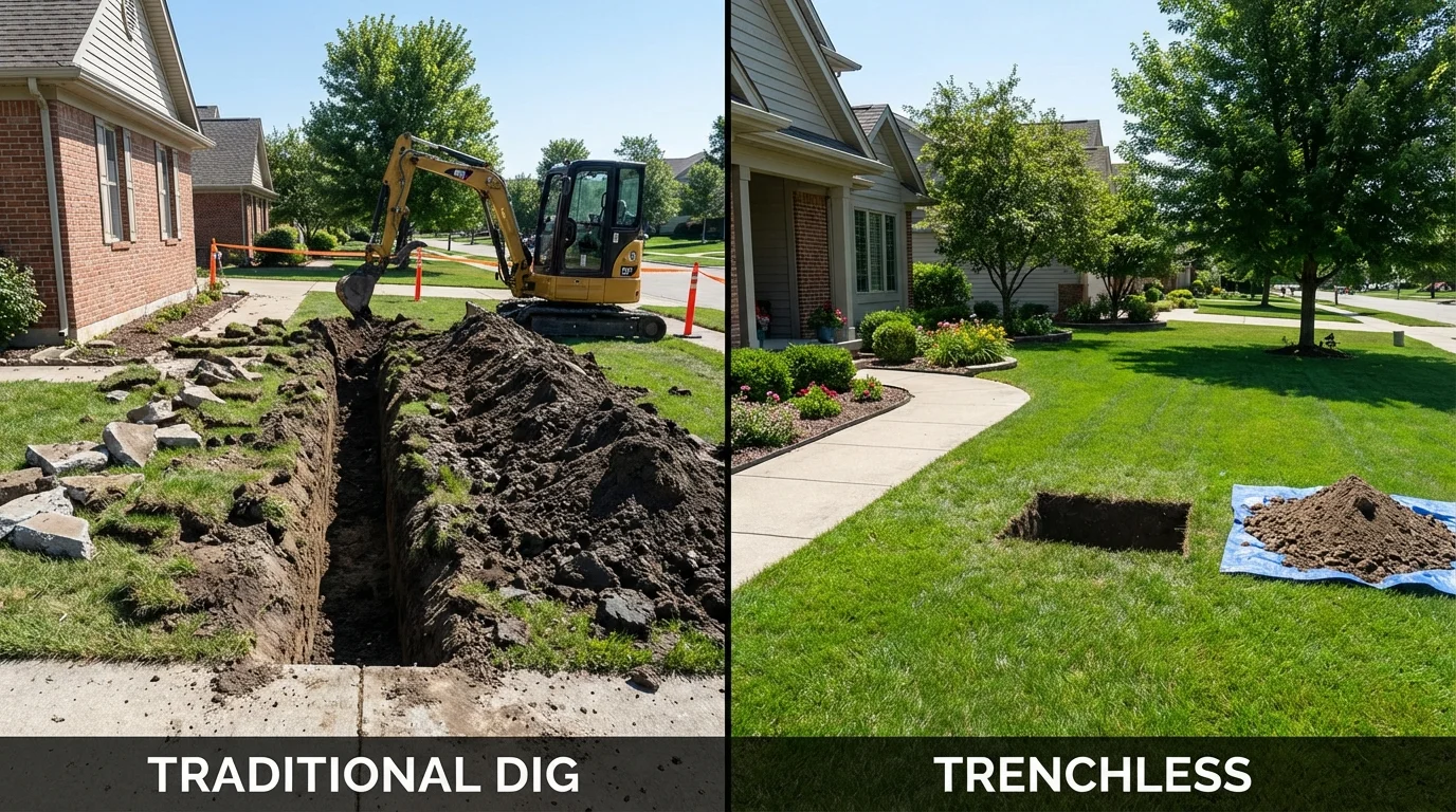 Trenchless sewer repair with minimal yard damage versus traditional excavation in Wolfe City, TX