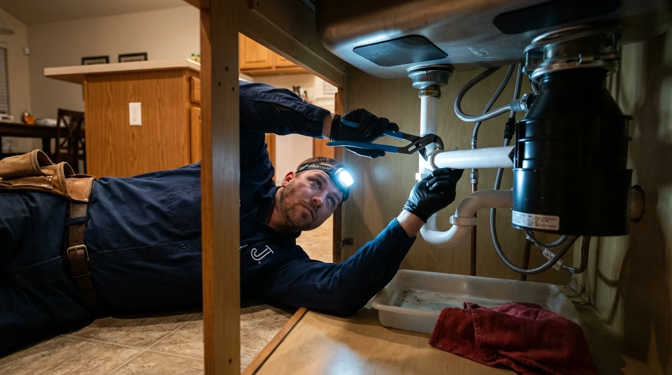 P-trap and supply line connections under a kitchen sink showing a common leak point in Wolfe City, TX